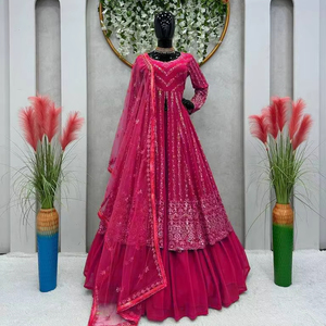 Hermoso Vestido Lehenga Choli de Piel Sintética para Fiesta con Trabajo de Hilo y Lentejuelas, Estilo Casual - Product Image 1