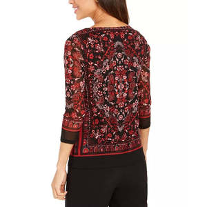 Top in Rete Stampata Rossa da Donna Charter Club, Casual con Motivo Floreale, Collo Alto Asimmetrico, Logo Ricamato, Taglia XL per l'Estate - Product Image 2