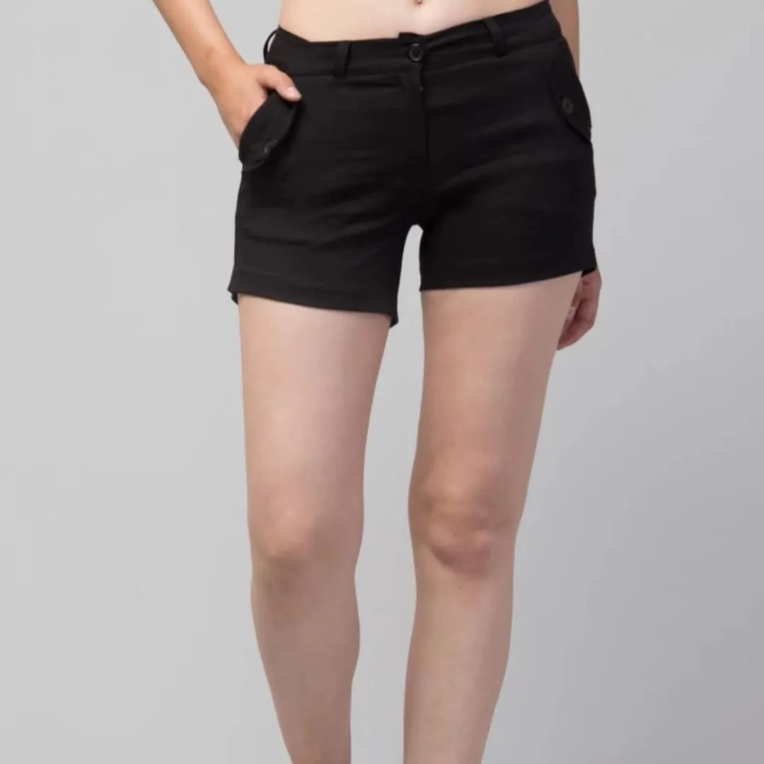 Solid Women Black Denim Shorts High Rise Button Regular Fit Casual Short Pant