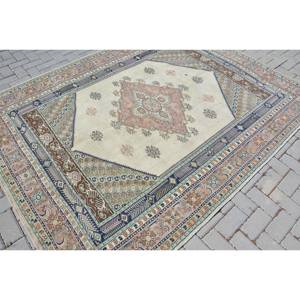 Classic White Blue Vintage Turkish <b>Rug</b> 6.2 X 8 ft Handmade Patchwork Design Wool Organic Cotton Latex Hallway <b>Seagrass</b> - Product Image 4