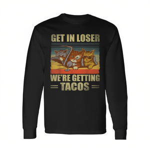 T-Shirt Vintage Retro a Maniche Lunghe per Amanti dei Gatti 'Get in Loser-We're Getting Tacos' - per Promozioni - Product Image 2