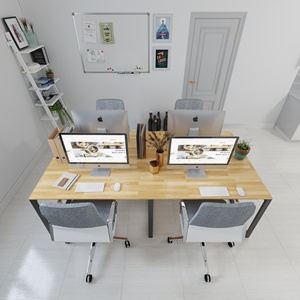 Table de bureau 4 places au design ministériel avec pieds en bois d'hévéa et en fer, dotée d'une barrière de protection sous le plateau - SFBVP003 - Product Image 2