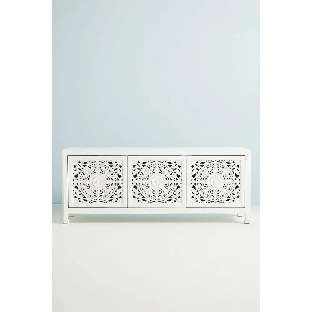 Hand Carved Lombok Media Console White Color | Handmade Wooden Entertainment Unit From Rajasthan, India