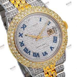 Best Quality Fully Iced Moissanite Diamond Stainless Steel <b>Watch</b> Premium Blue Numeral Roman Dial Auto Date Gold Accent <b>Watch</b> - Product Image 2