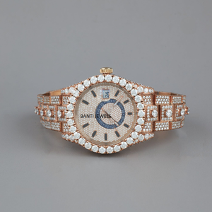 Montre de luxe en or rose entièrement sertie de diamants en moissanite, bracelet en acier inoxydable, bijoux hip-hop, style brillant de qualité supérieure - Product Image 3