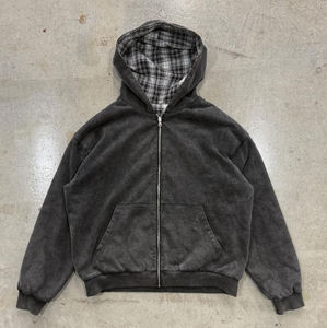 Custom Acid Wash Double Layer hoodie Reversible <b>Zip</b> <b>up</b> Plaid Cropped Boxy fit Hoodie <b>Jacket</b> for Men - Product Image 3