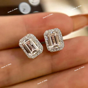 Elegant Silver Design Classic VVS Moissanite Diamond Studded Elegant <b>Emerald</b> Cut Halo Diamond <b>Stud</b> <b>Earrings</b> For Women - Product Image 4