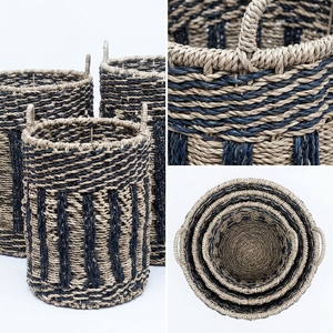 Natural Seagrass Recycled <b>Plastic</b> <b>Basket</b> Set Vertical Rib Stripe Arch Handle Cylinder Pot Planter Pure Art Setup Room Decor Art - Product Image 2