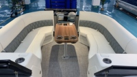 Bateau ponton élégant ECOCAMPOR, console de capitaine, sièges lounge, pont ouvert, navigation fluide, bateau ponton de loisirs.