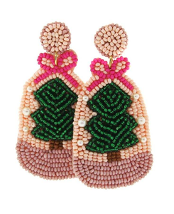 Pendientes colgantes de árbol de Navidad con cuentas rosas bordadas hechas a mano con estilo llamativo elegante de la India - Product Image 1