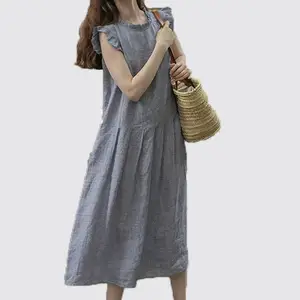 2022 여름 사용자 정의 미디 의류 Boheme 여성 하와이 린넨 코튼 스윙 화이트 느슨한 빈티지 드레스 레이디