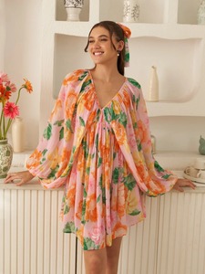 Vestido corto con estampado Floral para mujer con estilo indio hecho a mano 100% algodón cintura Natural regalo de novia personalizado ecológico - Product Image 2