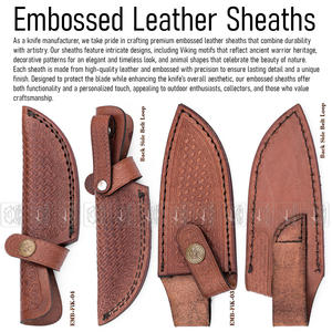 Cuchillo de caza hecho a mano personalizado con hoja de acero de Damasco, personalizable OEM, mango de madera de olivo, Funda de cuero repujado - Product Image 6