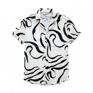 Chemise décontractée à manches courtes pour homme, imprimé abstrait tourbillonnant blanc et noir, chemise de plage d'été, col cubain, style hawaïen, respirante - Product Image 1