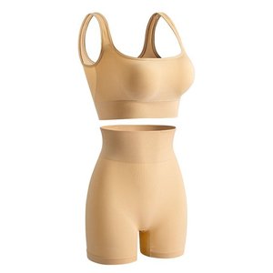 Combinaison de sport décontractée pour femmes, tenue vintage, déco, épaules tombantes, couleur unie, legging court, soutien-gorge croisé, survêtement en toile douce délavée - Product Image 1