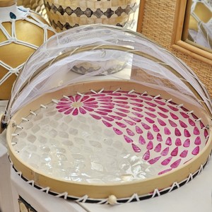 Plateau d'incrustation de coquille de perle mosaïque ronde avec la maille se pliante de dôme de nourriture de filet de couverture pour couvrir des plats - Product Image 4