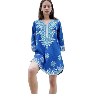 Robe d'été brodée à la main à manches longues, col haut, Mini longueur décontractée pour femmes, courte - Product Image 1