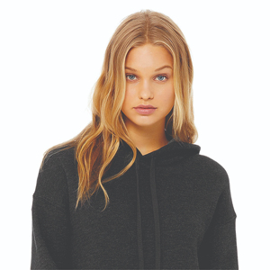 Dark Grey Cropped Women <b>Fleece</b> <b>Hoodie</b> Pullover Style 52% Airlume Combed Ring Spun Cotton 48% Poly Raw Hem Dropped Shoulder - Product Image 4