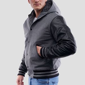 Veste de baseball universitaire à capuche pour homme de style américain, corps en laine, manches en cuir, fermeture éclair, patchwork vintage d'équipe - Product Image 2