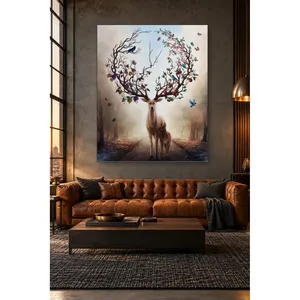 Impression sur toile Fida Deer avec fleurs et oiseaux sur les bois de cerf - Product Image 4