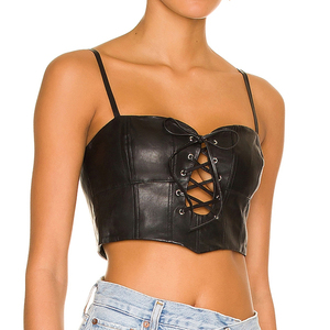 Manufacturer's Women's Sheep Leather <b>Corset</b> Solid Pattern Casual Leather Tank Crop <b>Top</b> with Woven Fabric Wholesale Cheap Price - Product Image 6