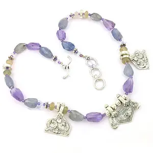 Collar de Cuentas de Cristal, Cuentas de Piedras Preciosas Moradas y Grises para Mujer - Product Image 3