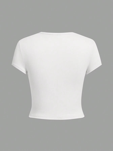 Camiseta Básica de Mujer de Color Sólido con Cuello Redondo, Paquete de 4, Verano, Casual, Minimalista, con Botones, Antiencogimiento, Tejido Jersey, Manga Corta, Ajustada - Product Image 4