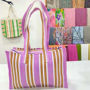 Recycled Eco-friendly Large Shopping Bags Sustainable Nylon and Polypropylene Made in India Bulk Striped Pattern - Product Image 1