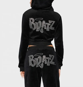 Custom Velvet Zipper <b>Velour</b> Hoodie Two Piece Set <b>Women</b> Formal Plus Size Rhinestone Crop Top <b>Tracksuit</b> - Product Image 3