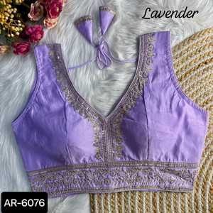 Indian Ethnic Wear Heavy Pure Roman <b>Silk</b> Ready Made Blouse with Embroidery Work <b>Sleeveless</b> Pattern Blouse with Attached Sleeve - Product Image 6