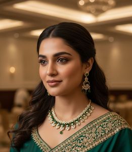 <b>Emerald</b> classic royale <b>necklace</b> & earrings set crafted with premium <b>emerald</b> green round cut stones - Product Image 2