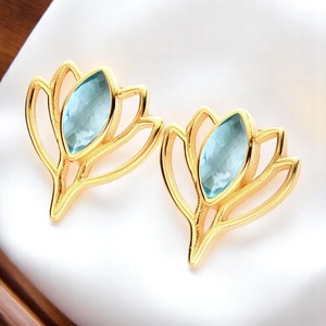 <b>Aquamarine</b> Marquise Birthstone Lotus <b>Earrings</b> Studs Jewelry For Women Wholesale Gold Plated Handmade Studs - Product Image 1