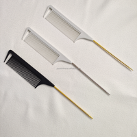 Peigne à queue de rat en acier doré avec logo personnalisé pour salon, pour coiffure de précision, en plastique, pour tressage, avec pointe en carbone pour séparation des mèches
