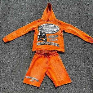 Sudadera con capucha y pantalones cortos personalizados Vintage Sun Faded, chándal con dobladillo crudo, chándal para correr, sudaderas con capucha y pantalones cortos transpirables con lavado ácido - Product Image 6