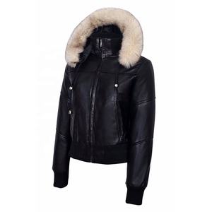 RIVIAN ATLANTIC Premium Chaqueta con capucha de cuero genuino negro para mujer, chaqueta de cuero estilo bombardero con capucha - Product Image 4