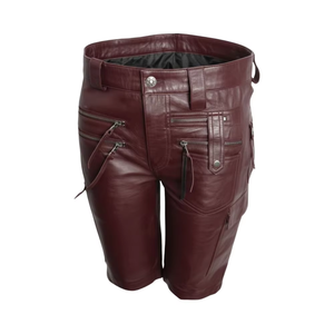 Custom <b>Men</b> Brown Genuine Leather <b>Shorts</b> with Utility Zip Pockets <b>Slim</b> <b>Fit</b> Design - Product Image 1