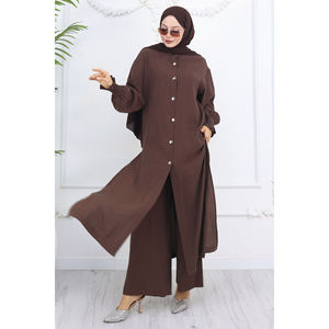 Ensemble décontracté marron café sans manches boutonné, tunique et short en crêpe 2 pièces pour l'été, hauts sans col à coupe courte - Product Image 3
