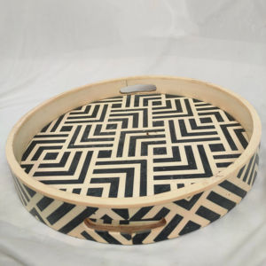 Plateau de service rond en os blanc incrusté, artisanat classique de Jaipur, design complexe, artisanat en bois naturel, plateaux décoratifs - Product Image 1