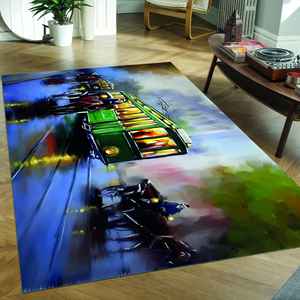 Alfombra impresa con pintura de tranvías verdes de Cityscape, alfombra antideslizante para puerta, con alfombra suave de pelo - Product Image 5
