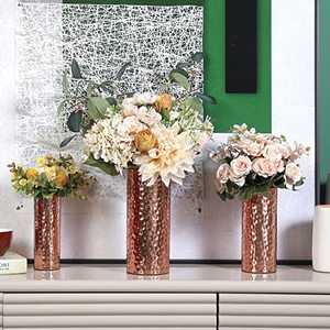 Juego de 3 jarrones de flores de cilindro alto de Metal de tono cobre para decoración de mesa de hogar y oficina florero martillado - Product Image 5