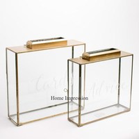 Boîte à invitations de mariage en acrylique transparent de haute qualité avec cadre en métal plaqué or, logo personnalisé, prix bas
