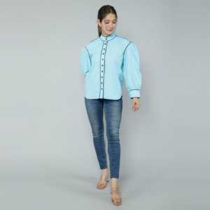 Bleu ciel formel dames haut brodé Logo taille libre minceur mousseline de soie et popeline longue longueur pour la saison automne et printemps - Product Image 1