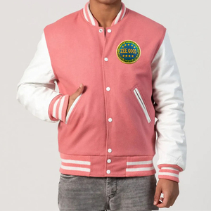 Men's <b>Pink</b> White Varsity <b>Jacket</b> Embroidered Badge Casual College Style Baseball <b>Jacket</b> Regular Fit Turn-down Collar - Product Image 2