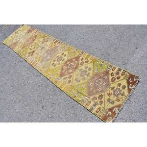 Alfombra de lana turca Kilim amarillo marrón 2,1X8,6 pies tejido plano sala de estar alfombra látex respaldo Patchwork para adolescentes pasillos - Product Image 4