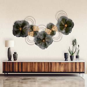 Arte Mural Metálico con Diseño Floral Fusionado, Decoración Interior Abstracta de Lujo con Marco para Sala de Estar, Decoración de Pared para el Hogar - Product Image 1