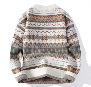 Suéter de ganchillo de otoño Retro para hombre, diseño transpirable con rayas gruesas, cuello redondo, logotipo frontal de punto bloqueado de Color para invierno - Product Image 4