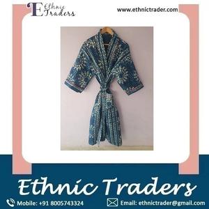 Venta al por mayor de temporada azul Kantha edredón Kimono para mujer estampado cosido 100% algodón bata volantes proveedor indio natural - Product Image 5