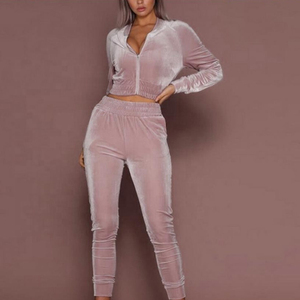 Wholesale High Quality Velvet Custom Zip <b>Hoodie</b> Joggers Two Piece <b>Velour</b> Tracksuit Women - Product Image 2