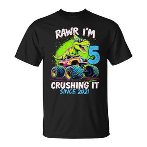 Maglietta con dinosauro e monster truck per il 5° compleanno del 2021, regalo promozionale per bambini di 5 anni, per il bambino che ha 5 anni. - Product Image 1