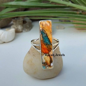 SOCTDSGR9 Spiny Copper Oyster <b>Turquoise</b> <b>Ring</b> 6x20mm Rectangle Bezel Design Rhodium Plated 925 Sterling Silver Wedding Jewelry - Product Image 1
